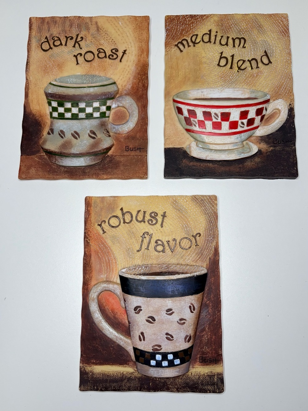 Rustic Coffee Wall Plaque Decor Set of 3 Dark Roast Medium Blend Robust Flavor